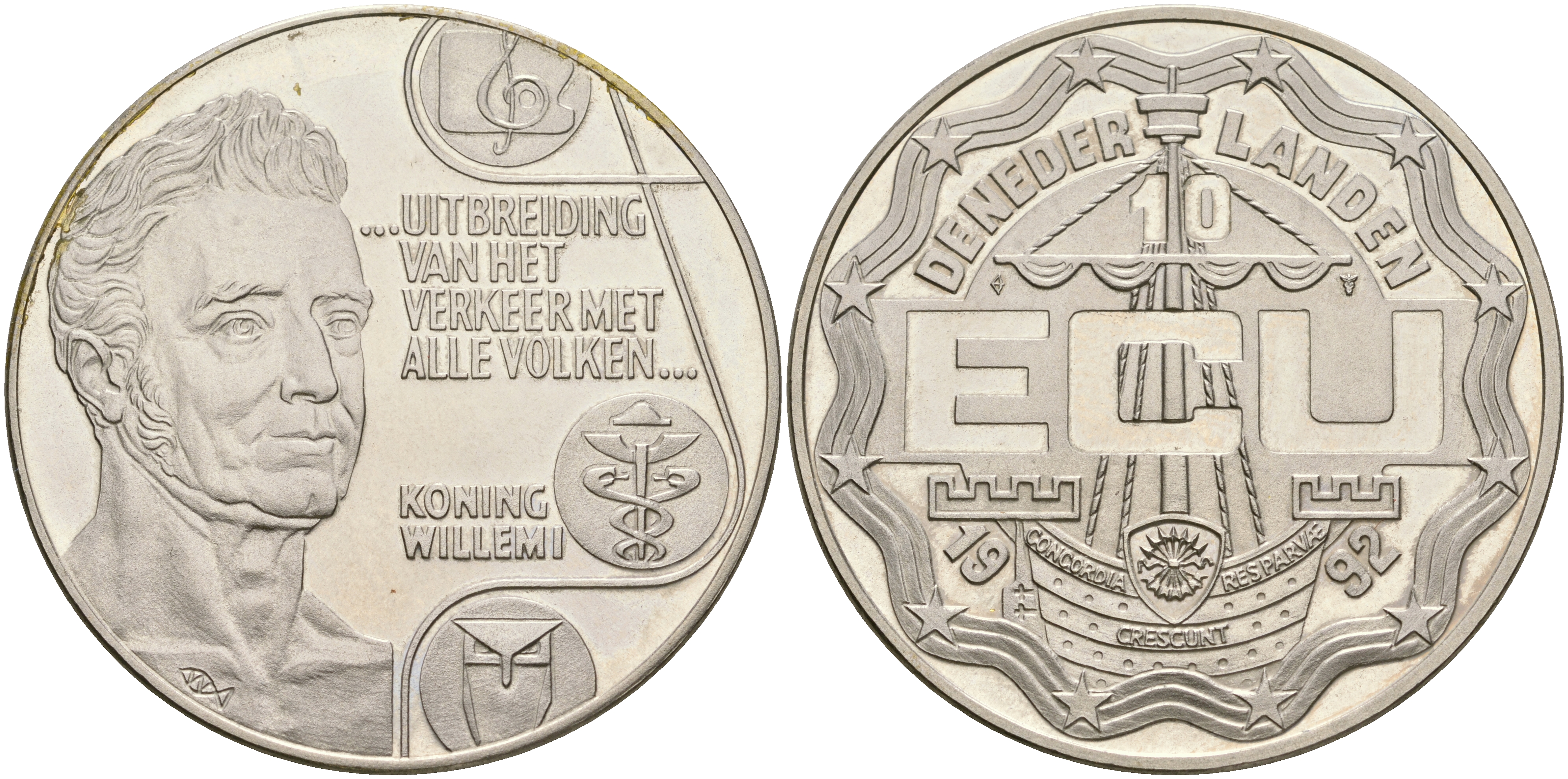 Нидерланды 10 экю 1992 в картонном буклете для коллекции экю, король Виллем I, расширение торговли со всеми странами, диаметр 39 мм, медно-никель UNC 3-6-4-36