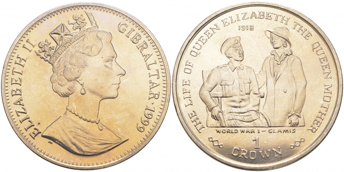 Гибралтар 1 крона 1999 жизнь королевы Елизаветы (королевы матери), окончание II-ой мировой войны KM 837 медно-никель UNC 58-635 M2-04