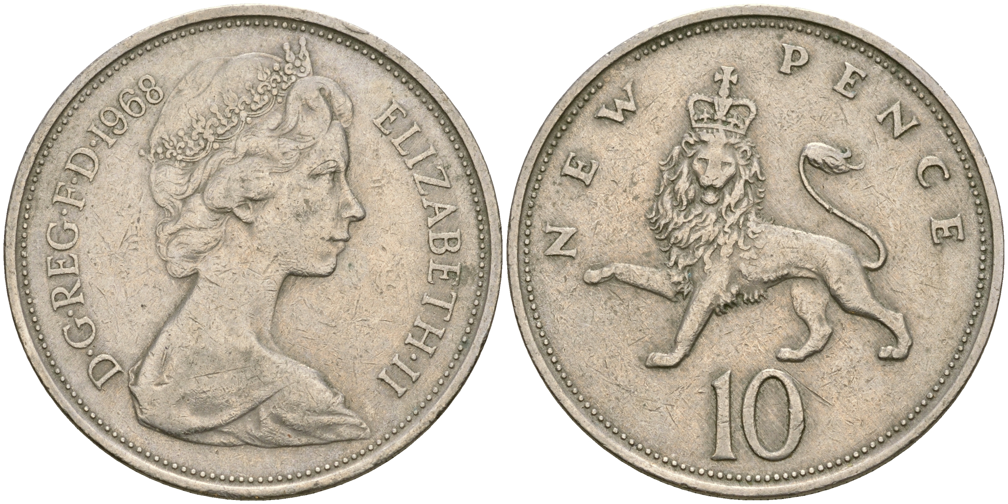 Великобритания 10 пенсов 1968 Елизавета II (1952-2022) KM 912, Spink 4231 (F1) медно-никель 4364-3823