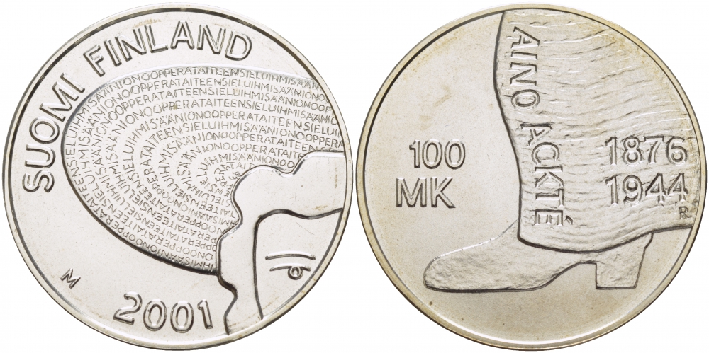 Финляндия 100 марок 2001 Айно Акте (1876-1944), оперная певица KM 97 серебро UNC 1087-4-31
