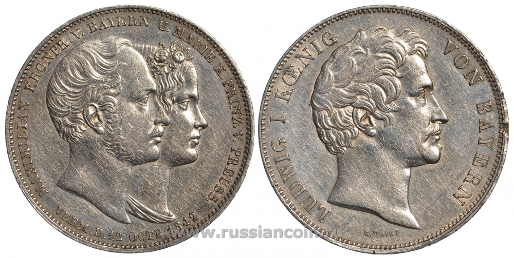 Бавария 2 талера 1842 Людвиг I, свадебный, свадьба Баварского Кронпринца Максимилиана и Марии Прусской AKS 104 b, Dav. 588, Kahnt 108 b, Thun 81 серебро 00-804-21