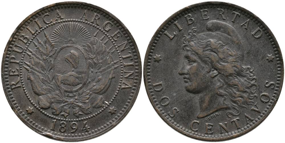 Аргентина 2 сентаво 1894 голова свободы влево KM 8 бронза 4531-1211