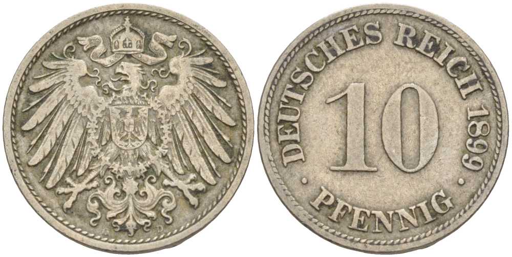 ГЕРМАНИЯ 10 ПФЕННИГОВ 1899 D KM 12, J. 13 медно-никель 4401-1122
