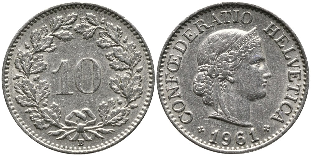ШВЕЙЦАРИЯ 10 РАППЕНОВ 1961 В KM 27 медно-никель 4539-453
