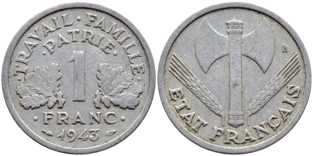 ФРАНЦИЯ 1 ФРАНК 1943 LB, ТИП LEGERE, ПРАВИТЕЛЬСТВО ВИШИ KM 902.1, LE FRANC 223.3 алюминий 4397-644