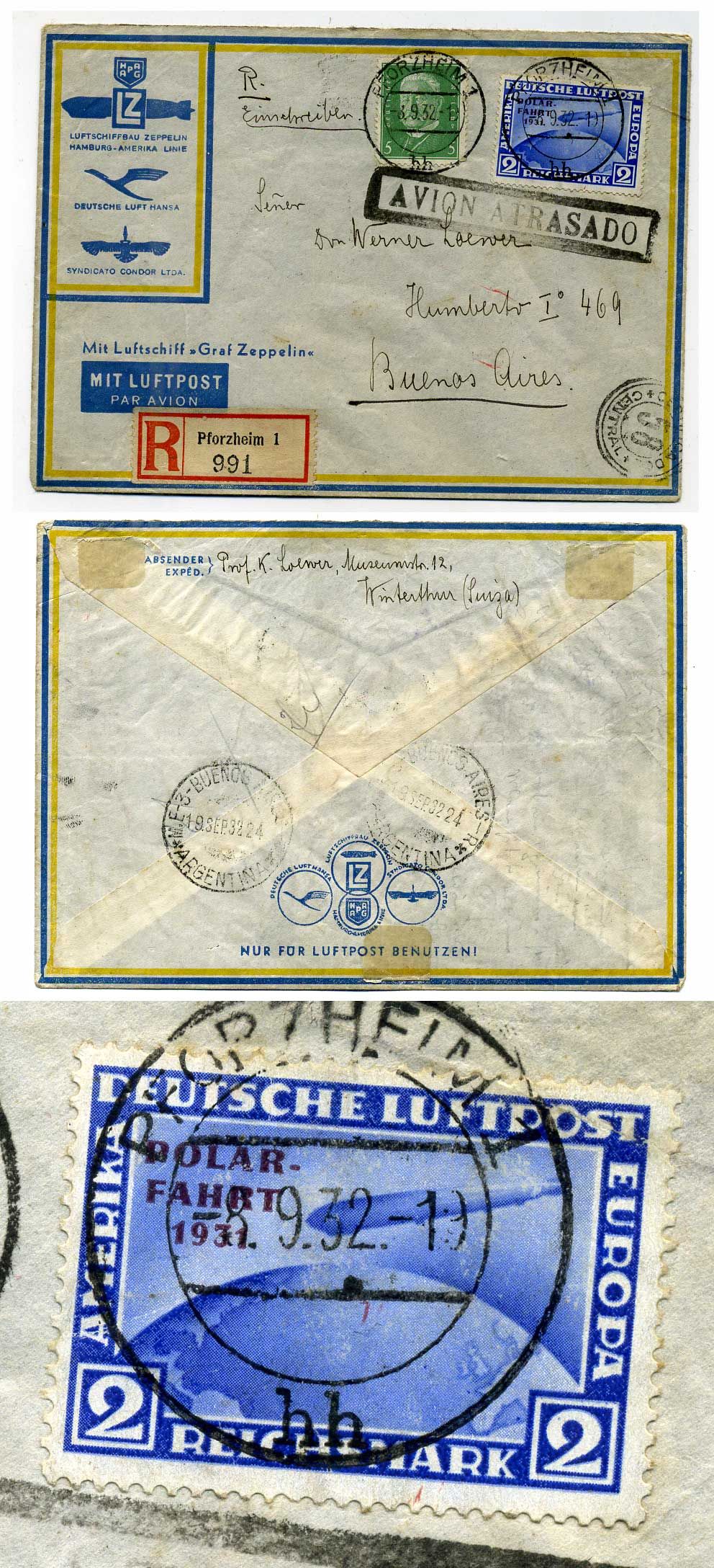 ГЕРМАНИЯ ПОЧТОВЫЙ КОНВЕРТ С ТРЕМЯ ПОГАШЕНЫМИ МАРКАМИ: 2 РЕЙХСМАРКИ 1931 ЦЕППЕЛИН, ПОЛЯРНАЯ ЭКСПЕДИЦИЯ, КОНВЕРТ АВИАПОЧТЫ 451-102-2