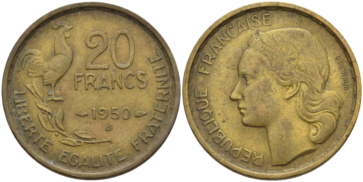Франция 20 франков 1951 Петух KM 917.1 алюминиевая бронза 4142-1237