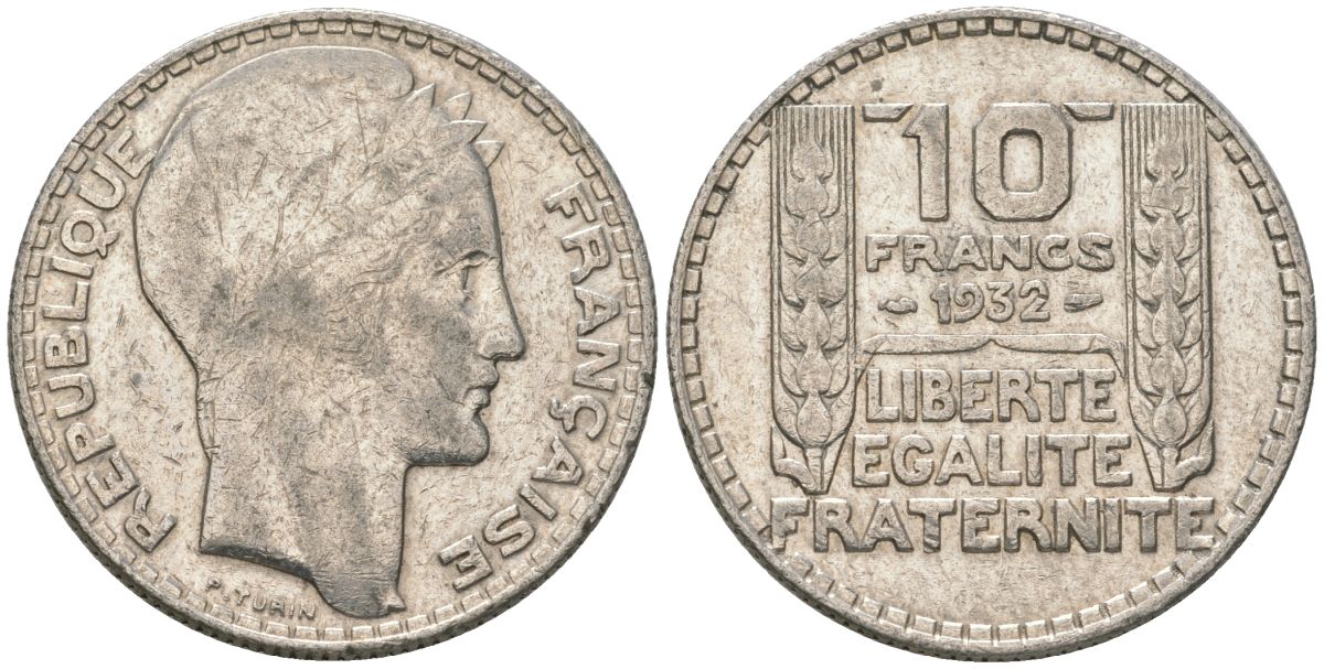 Франция 10 франков 1932 Пьер Тюрен KM 878, Le Franc 360.5 серебро 4390-254