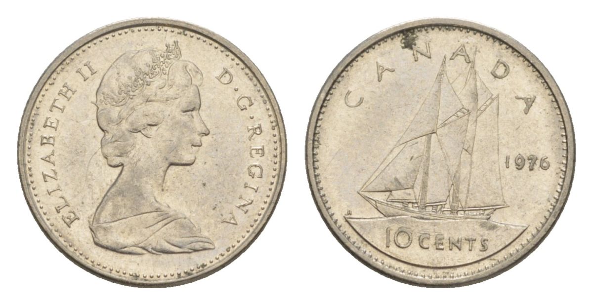 Канада 10 центов 1976 Елизавета II (1952-2022), парусник KM 77 никель 4630-825