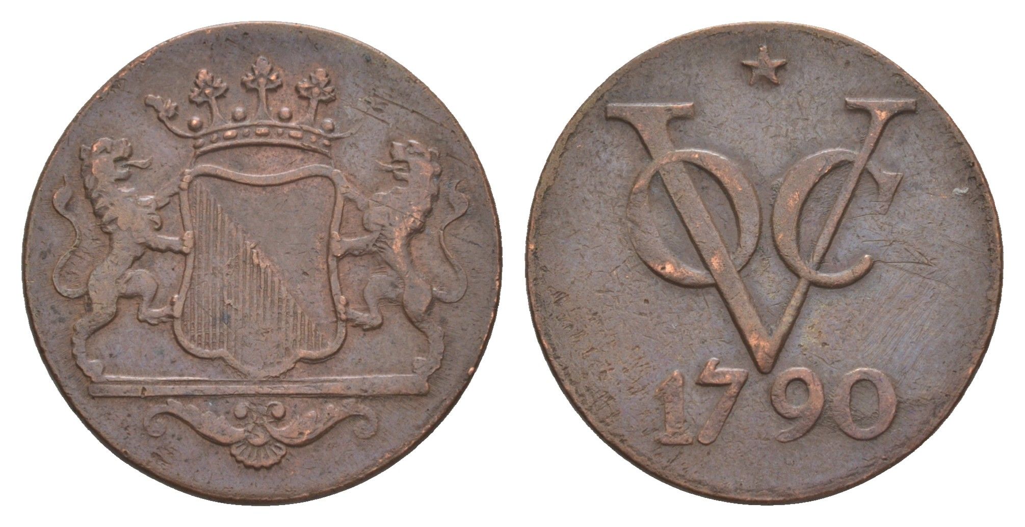 Голландская Ост-Индия (Нидерландская Восточная Индия) 2 дуита 1790 год-тип KM 118 медь 5010-332