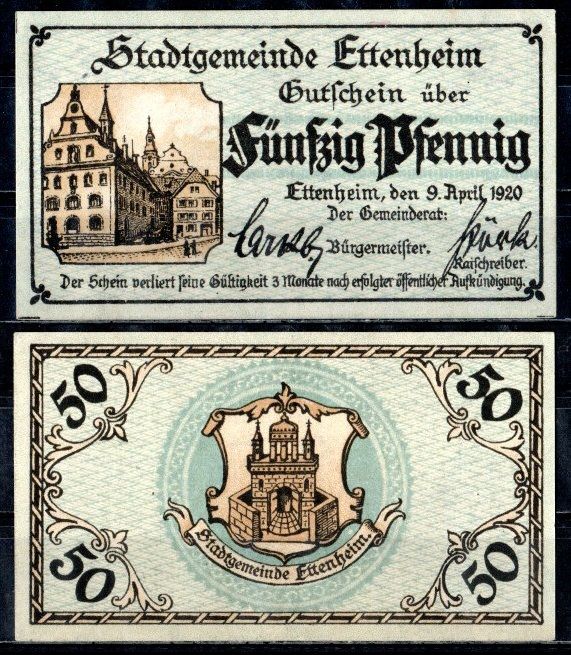Эттенхайм (Баден) 50 пфеннигов 1920 Mehl Grabowski E31.6 бумага UNC (пресс) 7555-60-2-1