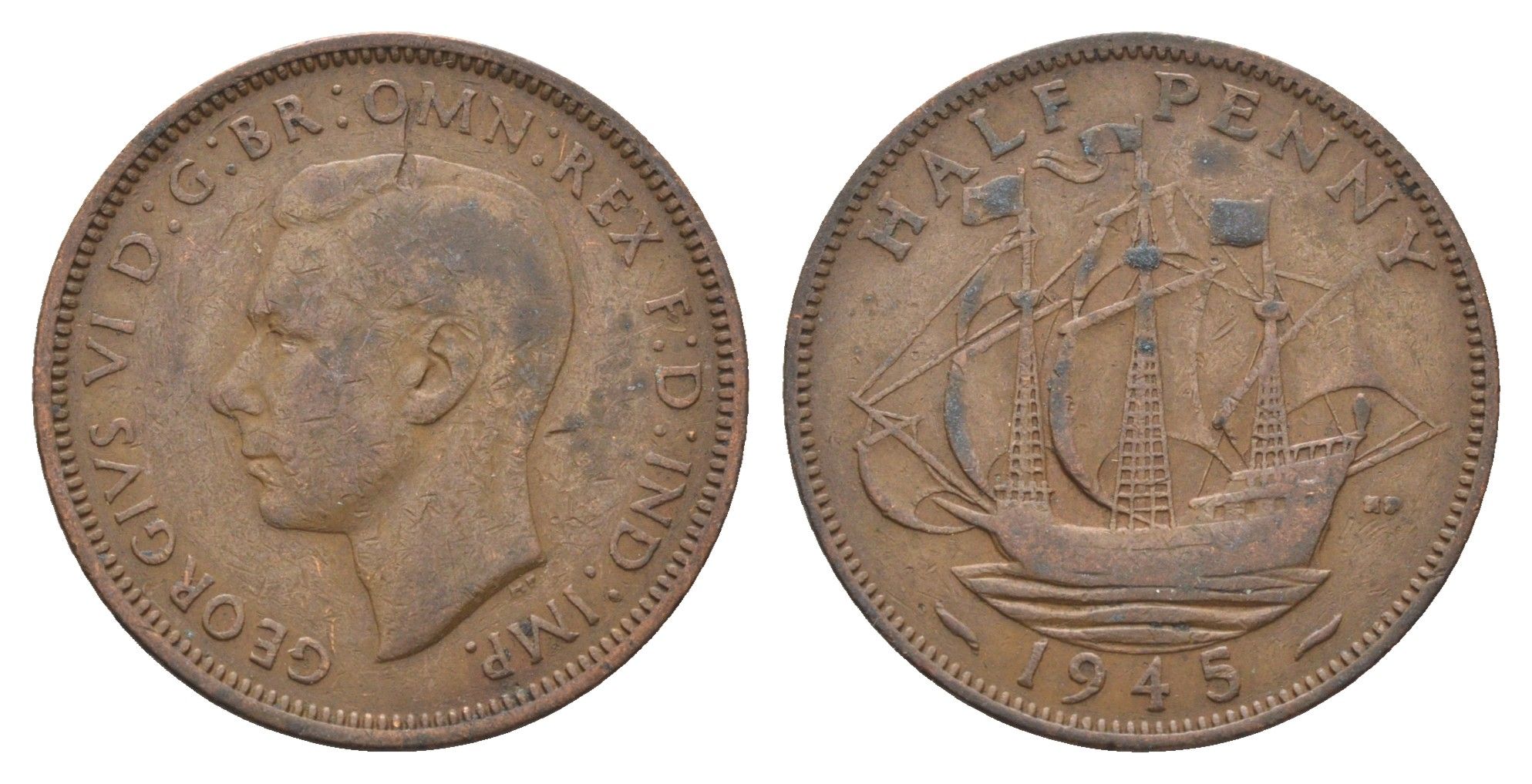 Великобритания 1/2 пенни 1945 Георг VI (1936-1952) KM 844, Spink 4115 бронза 4662-1113