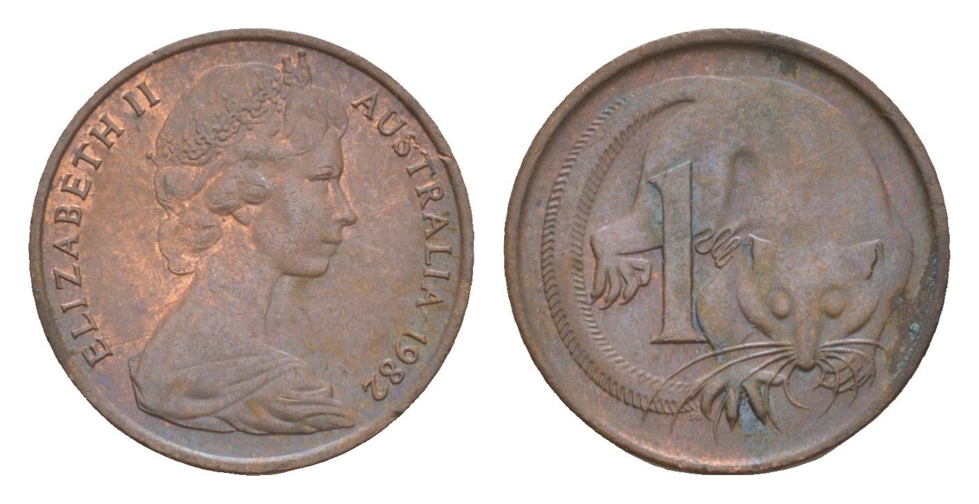Австралия 1 цент 1982 Елизавета II (1952-2022), молодой портрет, опоссум KM 62 бронза 4655-1223