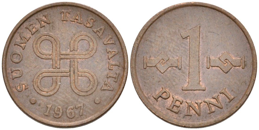 Финляндия 1 пенни 1967 KM 44 медь 192-1239