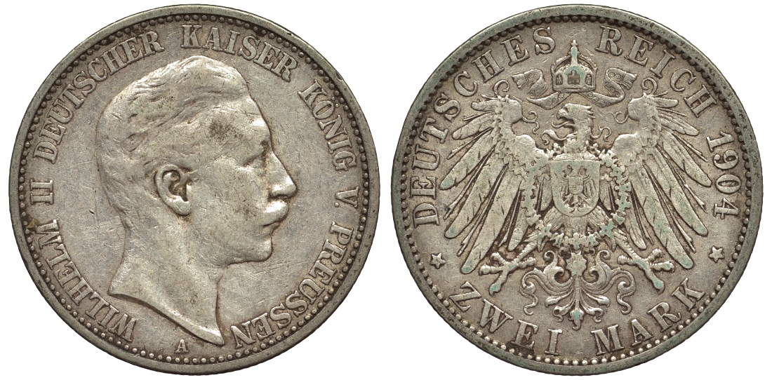 Пруссия 2 марки 1904 A, Вильгельм II (1888-1918) J.102, Weege 101, KM 522 серебро 02-014-32