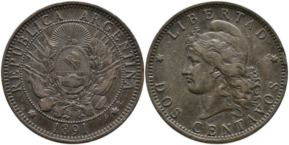 Аргентина 2 сентаво 1891 голова свободы влево KM 8 бронза 4531-1111