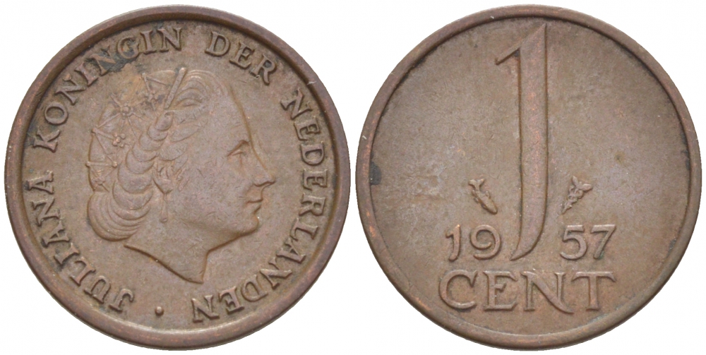 Нидерланды 1 цент 1957 Юлиана (1949-1980) KM 180 бронза 3457-1166