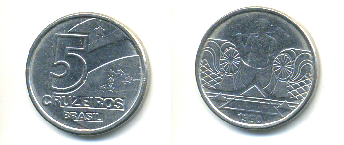 Бразилия 5 крузейро 1990 фермер KM 618.1 нержавеющая сталь aUNC 93-651