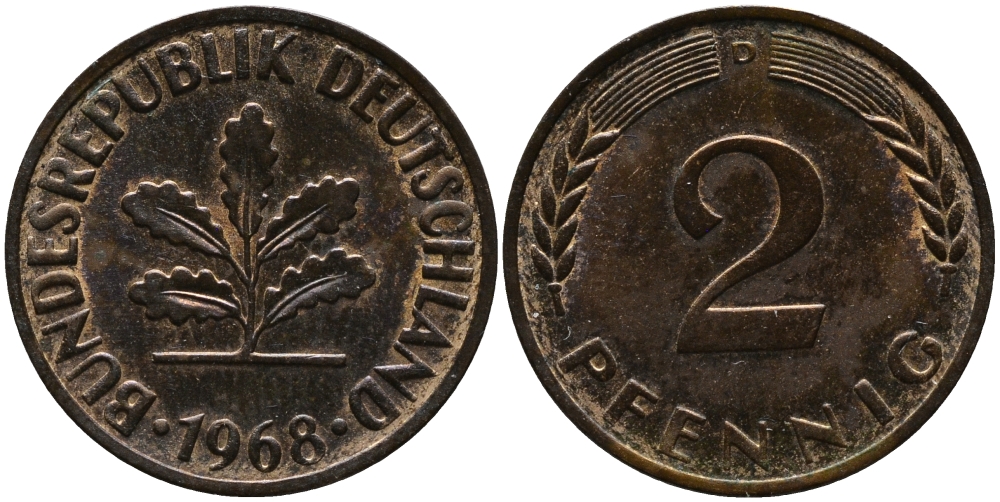 ФРГ 2 пфеннига 1968 D KM 106а, J.381а сталь плакированная медью 99-155