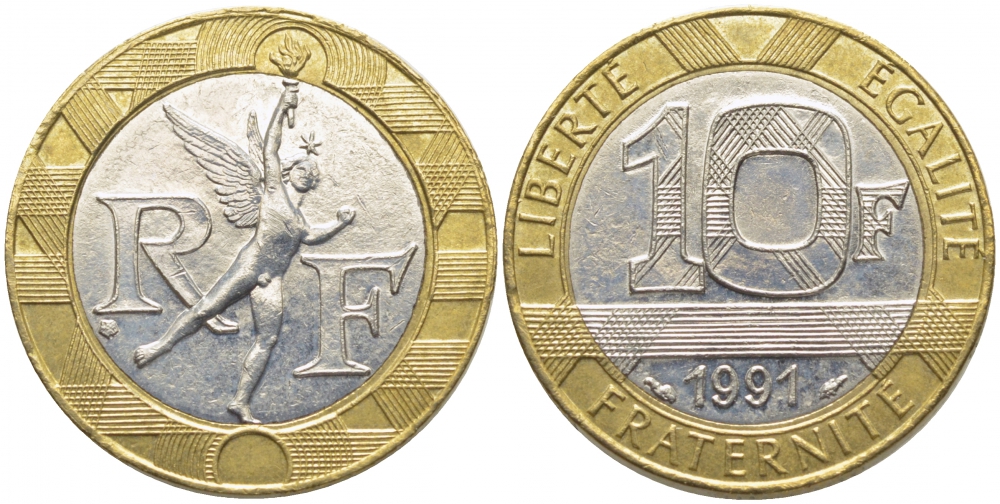 Франция 10 франков 1991 тип Гений Бастилии KM 964.1, Le Frank 375.6 биметалл 110-1041