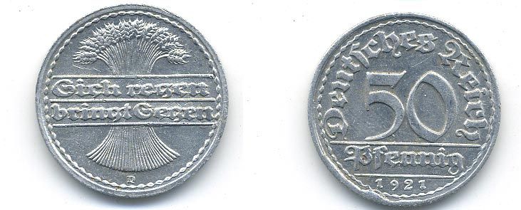 ГЕРМАНИЯ 50 ПФЕННИГОВ 1921 D KM 27, J. 301 алюминий 58-435
