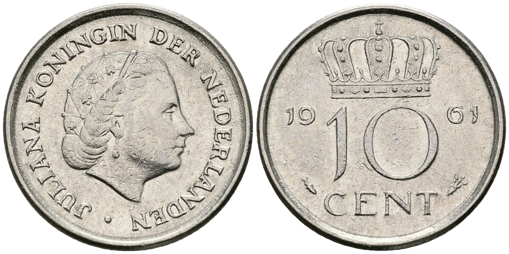 НИДЕРЛАНДЫ 10 ЦЕНТОВ 1961 ЮЛИАНА KM 182 никель 96-449
