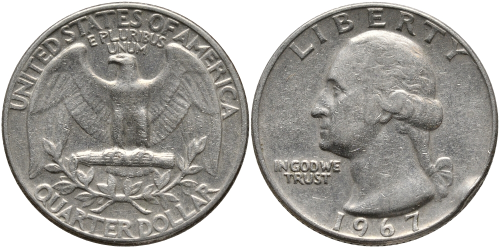 США 25 центов (квотер) 1967 Вашингтон KM 164a медь плакированная медно-никелем 4390-1025