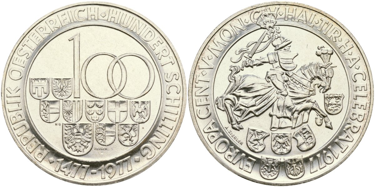 Австрия 100 шиллингов 1977 500 лет монетному двор Халл KM 2936 серебро UNC 02-118-34