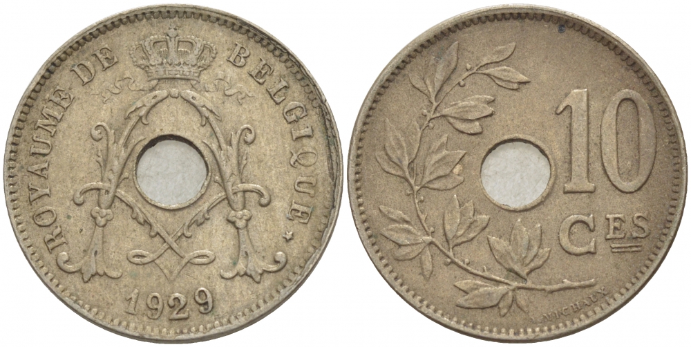 БЕЛЬГИЯ 10 САНТИМОВ 1929 BELGIQUE KM 85.1 медно-никель 4529-135