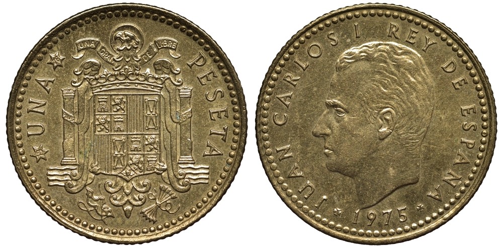 Испания 1 песета 1975 (76) Хуан Карлос I (1975-2001) KM 806 алюминиевая бронза 186-916