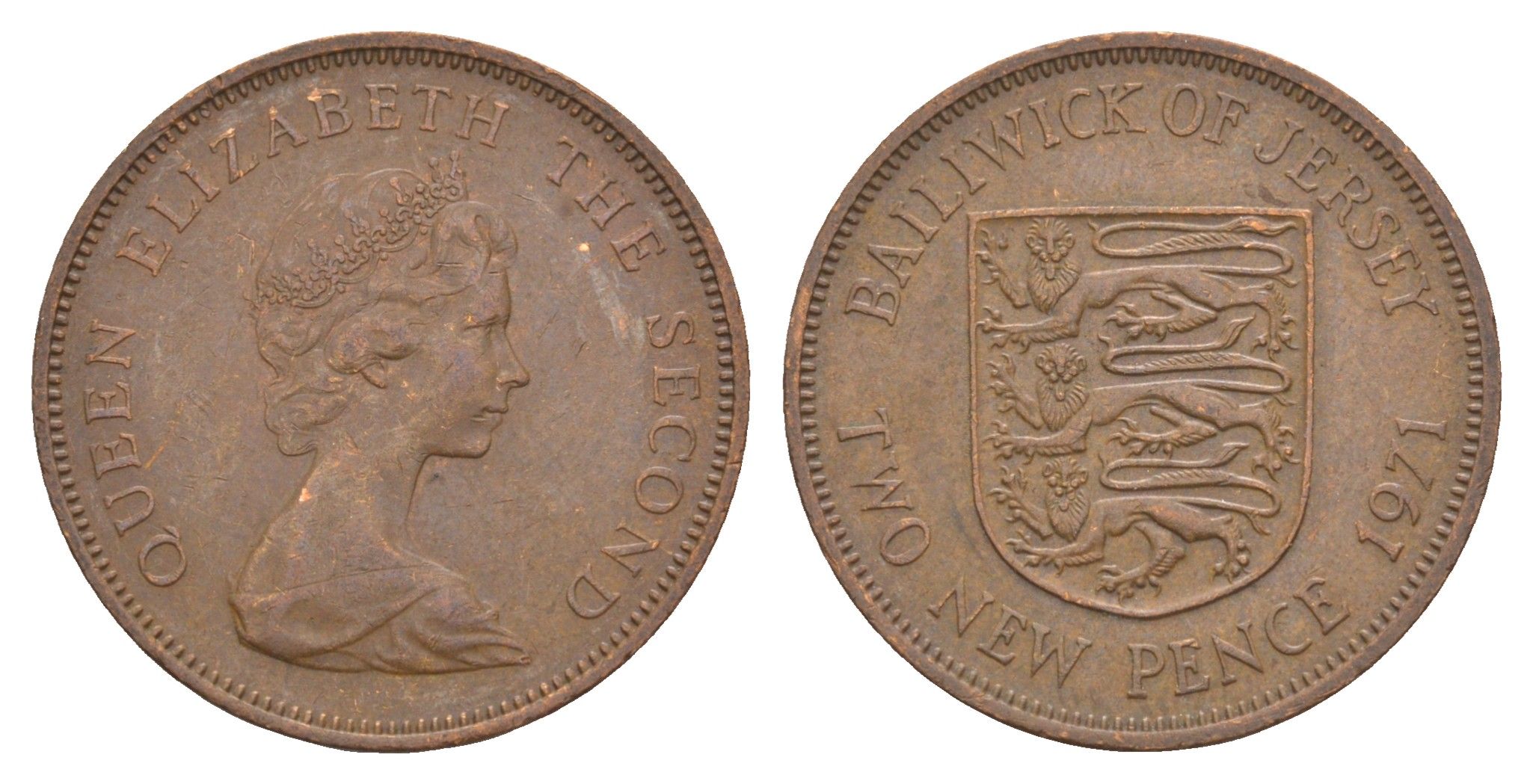 Джерси 2 новых пенса 1971 герб, Елизавета II (1952-2022) KM 31 бронза 4656-1122