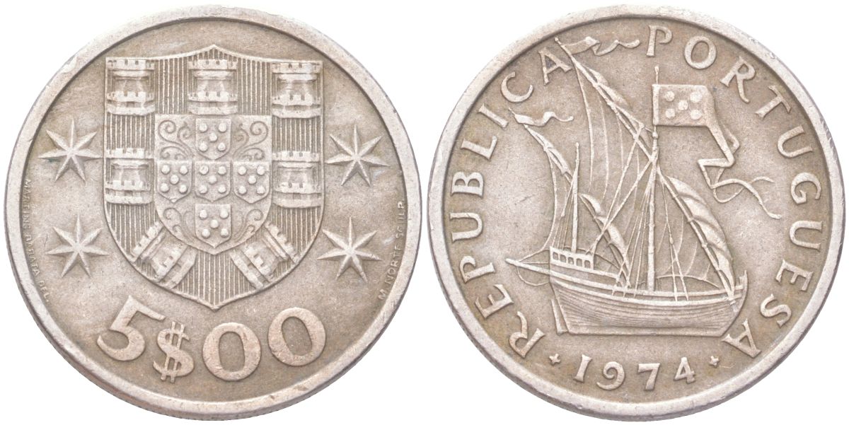 Португалия 5 эскудо 1974 KM 591 медно-никель 4143-511
