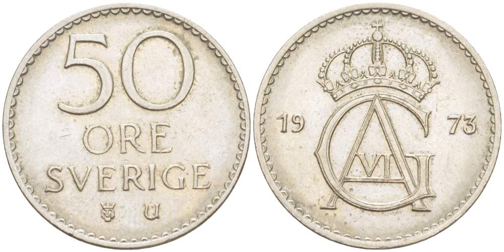 Швеция 50 эре 1973 U, Густав VI Адольф (1950-1973) KM 837 медно-никель 4523-242