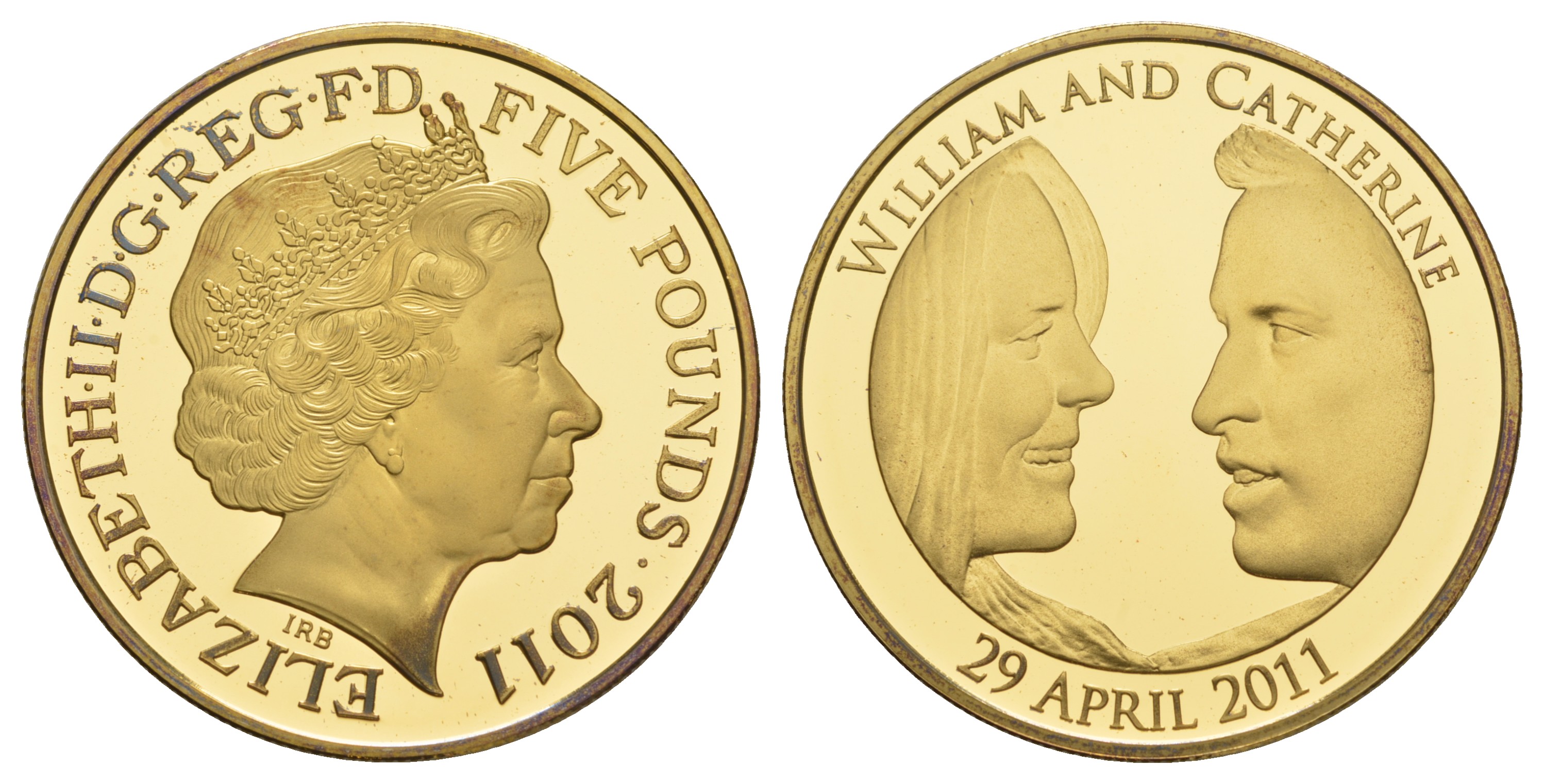 Великобритания 5 фунтов 2011 Елизавета II (1952-2022), королевская свадьба принца Уильяма и Кэтрин (Кейт) Миддлтон, в оригинальной коробке KM 1203b, Spink L22 позолота, серебро PROOF 8-2-04-17