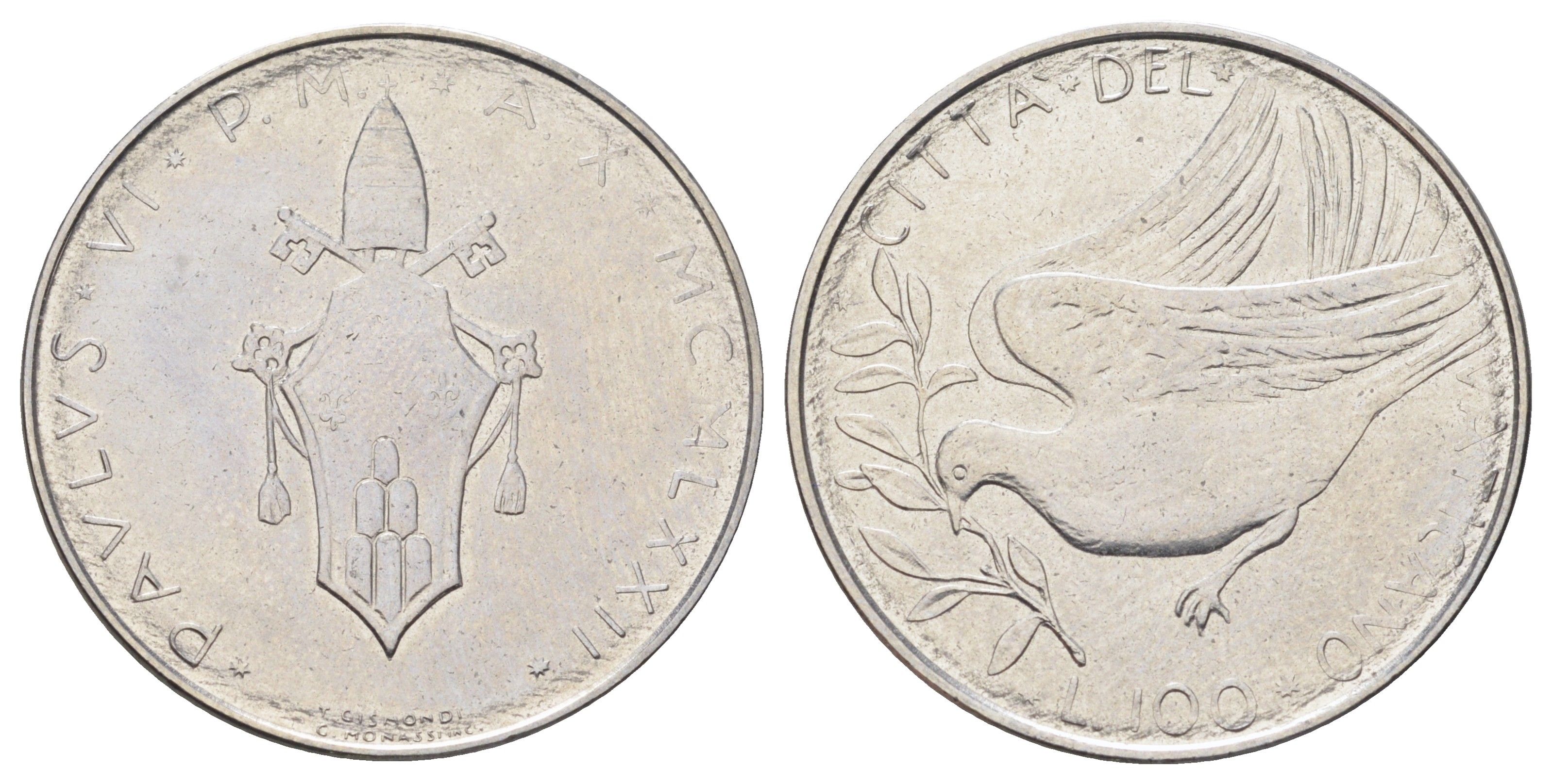 Ватикан 100 лир 1970 MCMLXX, Павел KM 122 нержавеющая сталь UNC 4699-626