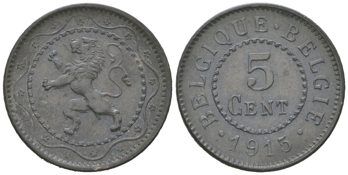 Бельгия 5 сантимов 1915 германская оккупация первая мировая война, Альберт I (1910-1934) KM 80 цинк aUNC 4617-331