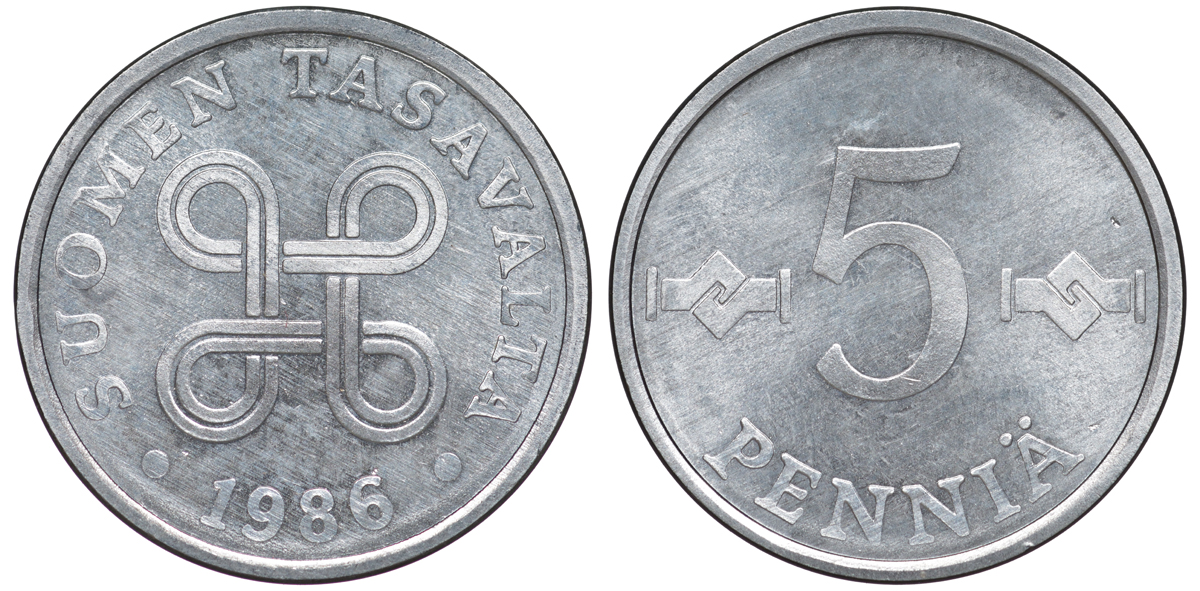 ФИНЛЯНДИЯ 5 ПЕННИ 1986 KM 45а алюминий UNC 3334-1112