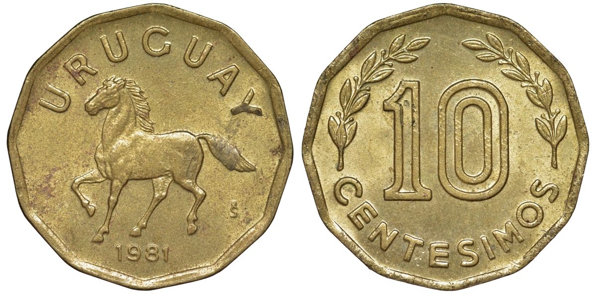 Уругвай 10 сентесимо 1981 KM 66 алюминиевая бронза 4169-514