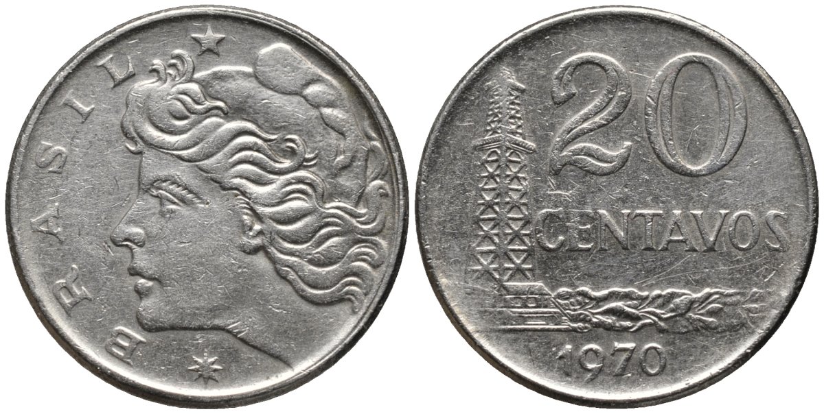 Бразилия 20 сентаво 1970 голова Свободы влево KM 579.2, Schon 84a медно-никель 4577-624