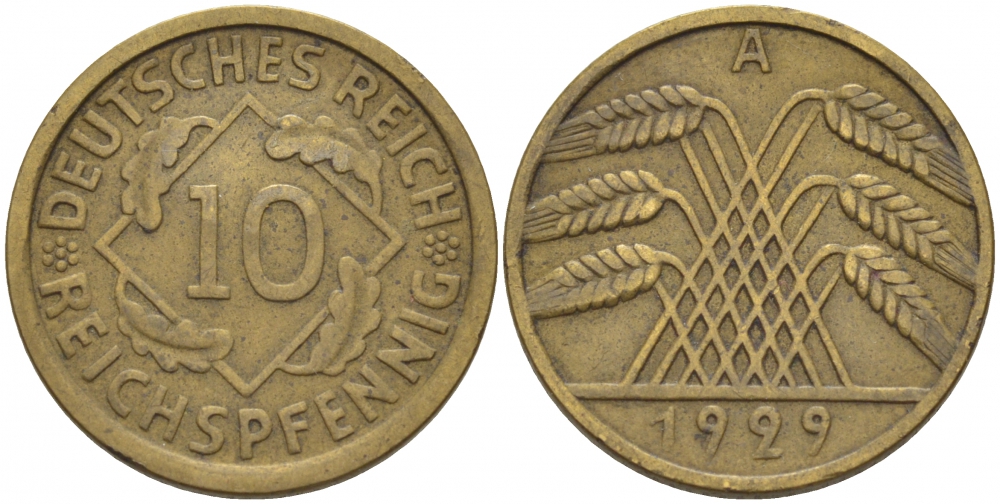 ГЕРМАНИЯ 10 РЕЙХСПФЕННИГОВ 1929 A, KM 40, J. 317 алюминиевая бронза 110-247