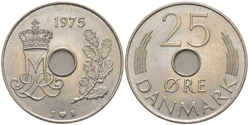 Дания 25 эре 1975 S; B, Маргрете II (1972- ) KM 861.1 медно-никель 202-744