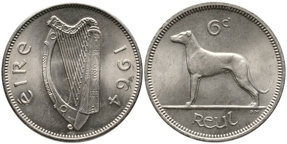 ИРЛАНДИЯ 6 ПЕНСОВ 1964 ИРЛАНДСКИЙ ВОЛКОДАВ KM 13а медно-никель 4525-1141