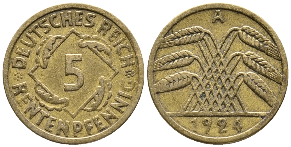 ГЕРМАНИЯ 5 РЕНТЕНПФЕННИГОВ 1924 A KM 32, J. 308 алюминиевая бронза 39-448