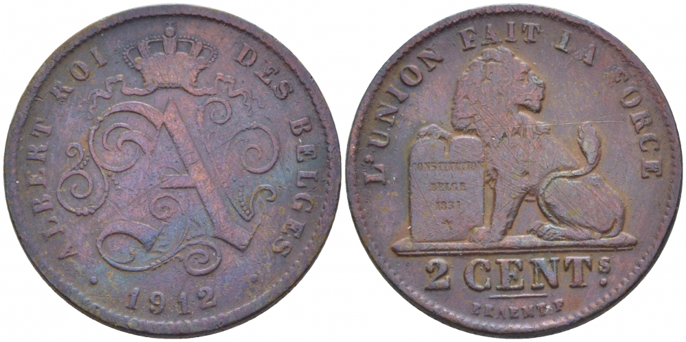 БЕЛЬГИЯ 2 САНТИМА 1912 BELGES KM 64 медь 4448-621