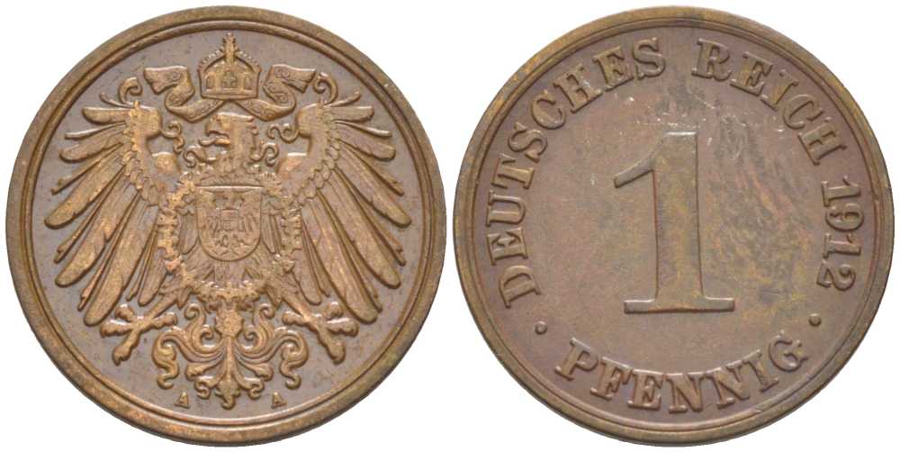 ГЕРМАНИЯ 1 ПФЕННИГ 1912 A KM 10, J. 10, Weege 2 медь 211-462