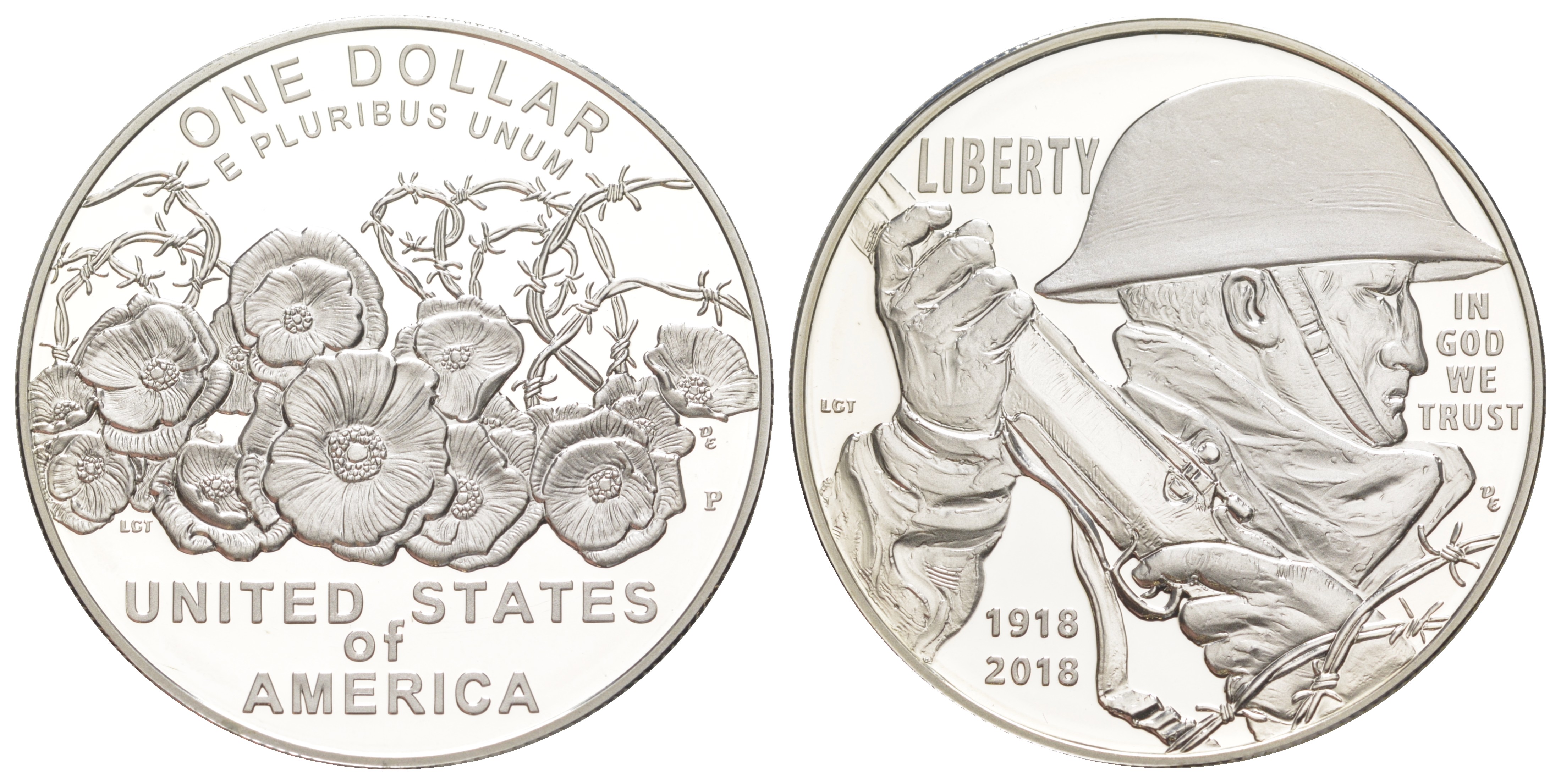 США 1 доллар 2018 P, 100 лет окончанию Первой Мировой войны, в оригинальной коробке, с сертификатом KM 682 серебро PROOF 8-2-02-11