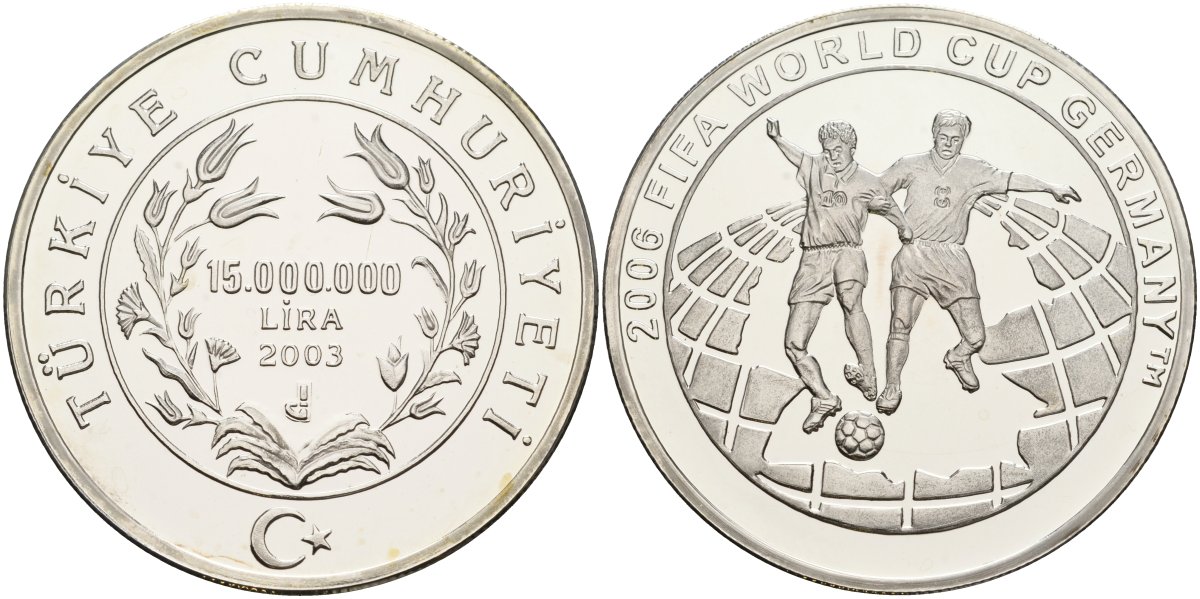 Турция 15000000 лир 2003 чемпионат мира по футболу в Германии 2006 года KM 1265 серебро PROOF 11-083-14