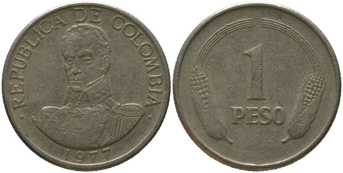 Колумбия 1 песо 1977 KM 258.2 медно-никель 4529-1054