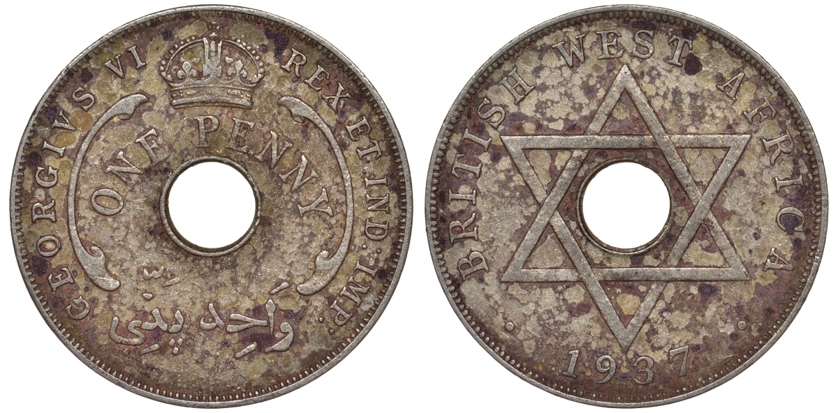 Британская Западная Африка 1 пенни 1937 H, Георг V KM 19 медно-никель 25-2445