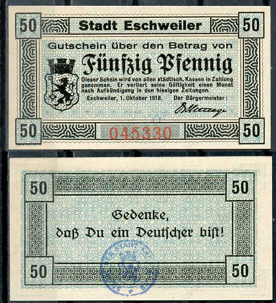 Германия, Эшвайлер 50 пфеннигов 1918 нотгельд, 1.10.1918 бумага UNC (пресс) 8614-44-4-1